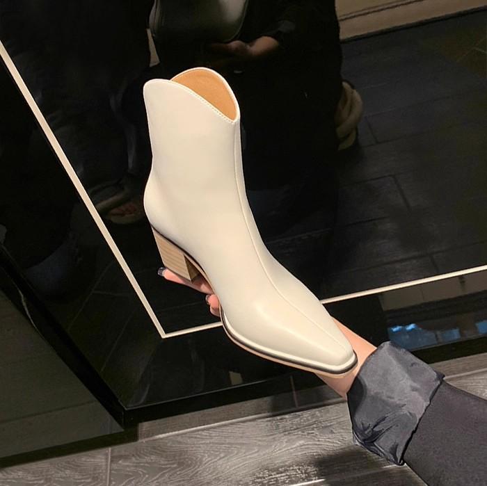 Версия из коровьей кожи~ Французские маленькие ботинки кожаные с острым носком V-образным вырезом короткие ковбойские ботинки женские на толстом каблуке высоком каблуке и ботильоны ботинки Мартин