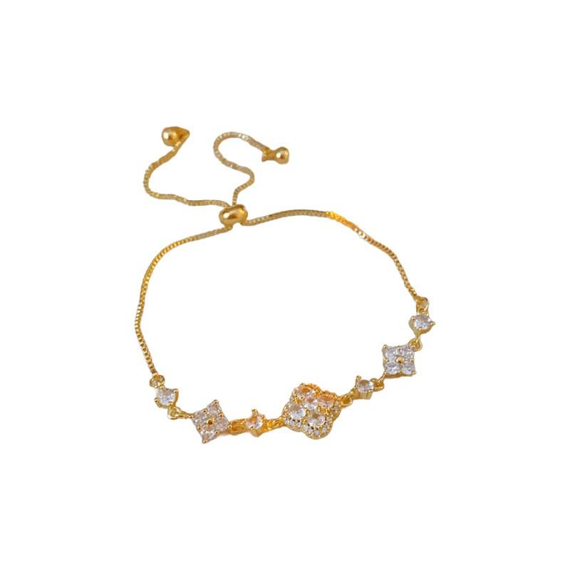 Elegant Gold Plated Zircon Rhombus Flower Bracelet Women Adjustable Minimalist Luxury Daily Wear