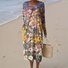 Women's Fashion Casual Long Sleeve Floral Print Round Neck Pocket Elegant Temperament Dress