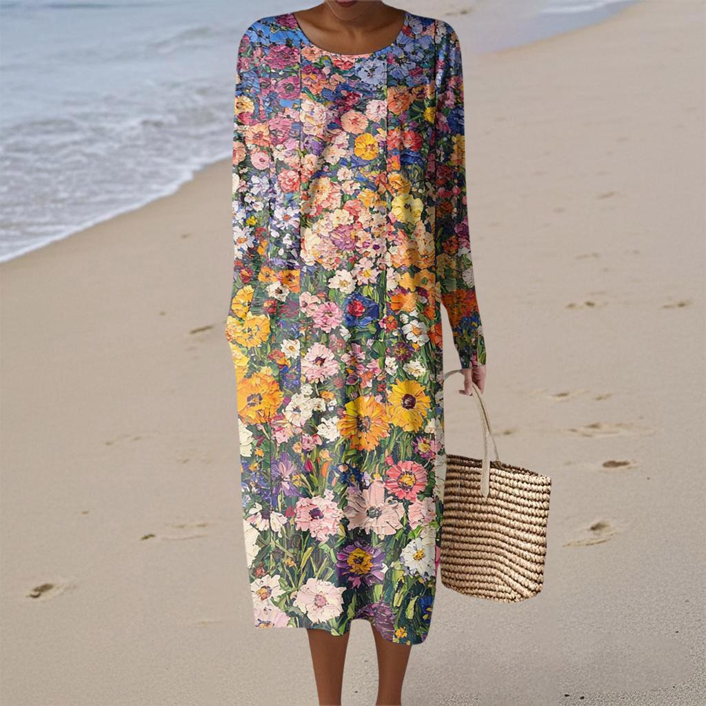 Women's Fashion Casual Long Sleeve Floral Print Round Neck Pocket Elegant Temperament Dress