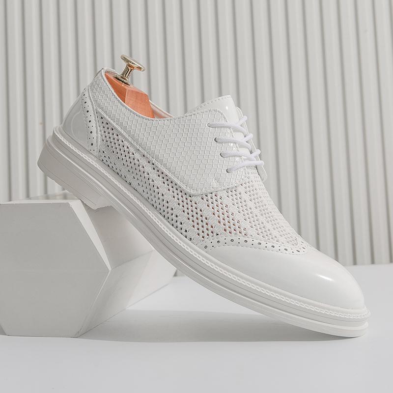 Летние белые полые дышащие туфли-оксфорды на шнуровке, мужские заостренные туфли на толстой подошве, деловые свадебные кожаные туфли, фирменные туфли дерби