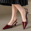 Fashion 2025 New Summer French Wine Red Pointed Patent Leather Mid-heel Overhead Sandals for Women Retro Skinny Heel Back Empty Shoes