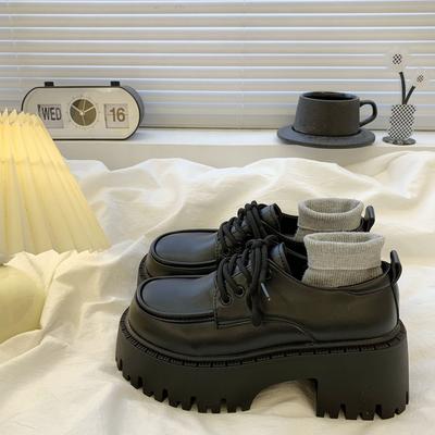 Туфли женские кожаные на шнуровке в стиле ретро, весна 2024, новые универсальные, повседневные, в британском стиле, на толстом каблуке, с толстой подошвой, увеличивающие высоту голени, одинарные туфли