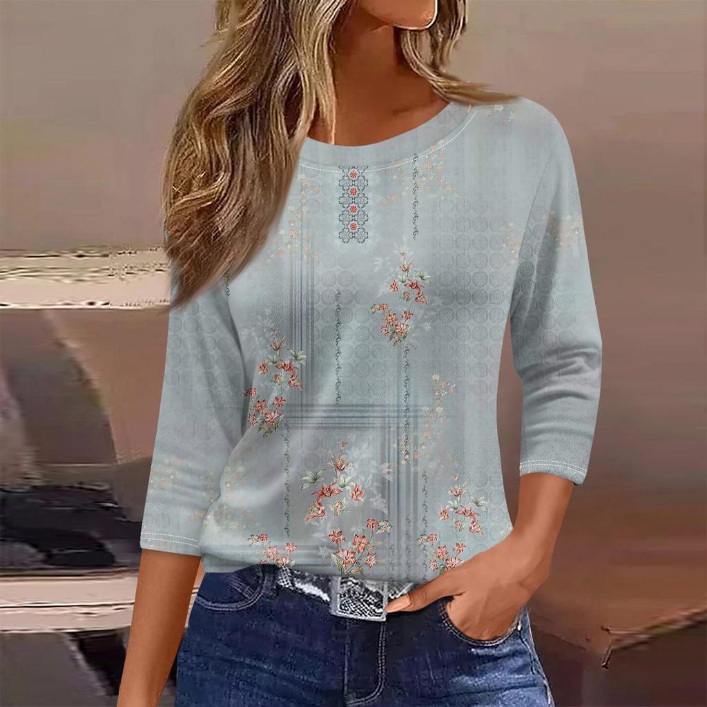 Женская футболка, модная повседневная футболка с круглым вырезом и рукавом 3/4, свободная футболка с принтом, женская футболка