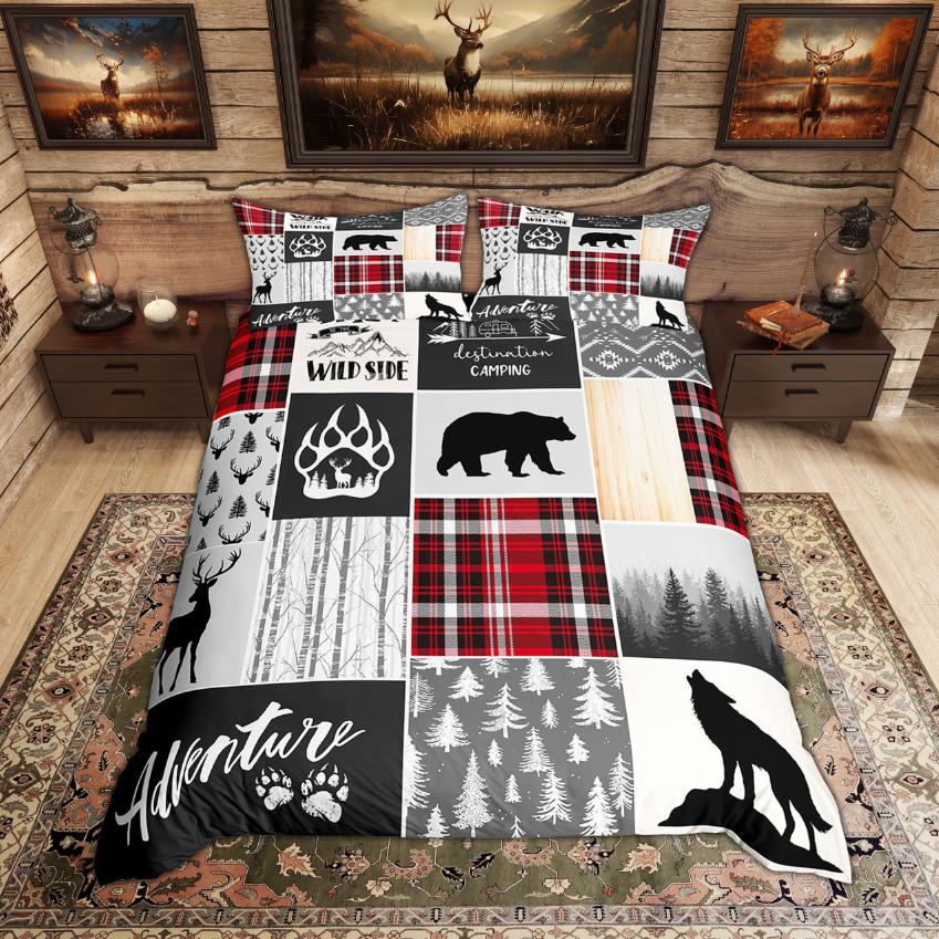 Comforter Homewish Rustic Deer Bear Woodland Animal Checkered Set Farmhouse Lodge Cabin Bedding Set