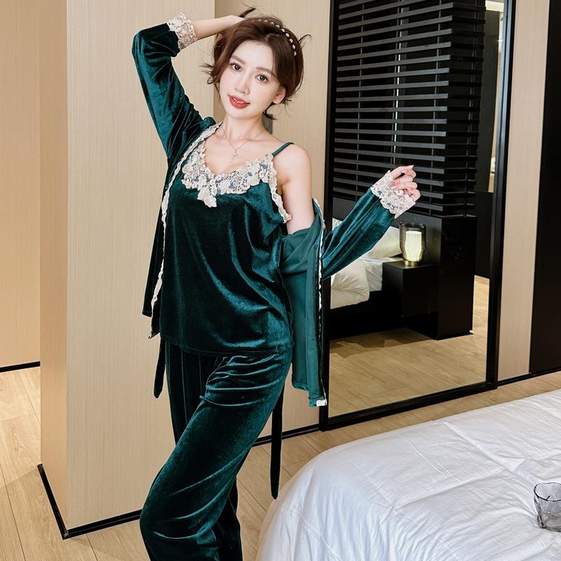 Pyjamas Women Clothes Winter Velvet Pajama Set Lace Sexy Sleepwear Pjs Ladies Long Sleeve Shirts+Pants Pijama Velour Loungewear