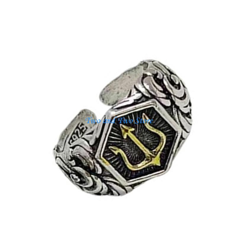 HX6F Poseidon Adjustable Rings Masculine Tridents Designs Alloy Gift For Him
