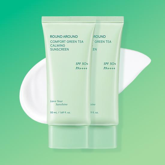Round Around Comfort Успокаивающий солнцезащитный крем с зеленым чаем 1+1 Специальное предложение