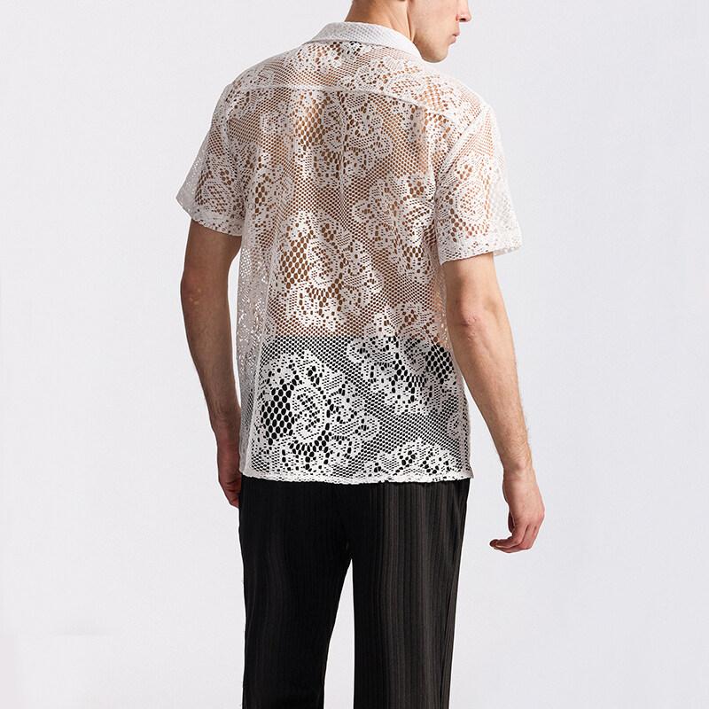 Летняя мужская сетчатая кружевная трикотажная рубашка с коротким рукавом, уличная одежда, ажурные танцевальные рубашки, топы для ночных клубов и дискотек