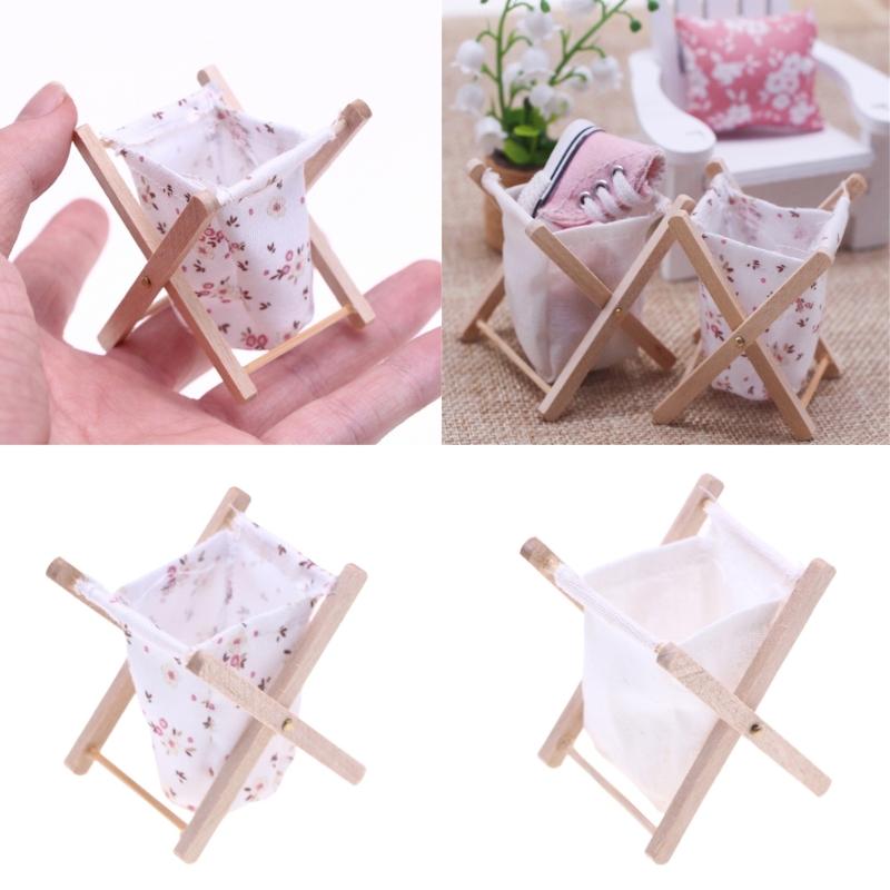1:12 Miniature Wooden Folding Dollhouses Laundry Basket for Bathroom Decoration Miniature Model