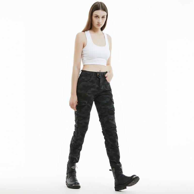 Womens Motorcycle Riding Pants With Protective Padding Camouflage Denim Style Stretchable All-Season Biker Trousers
