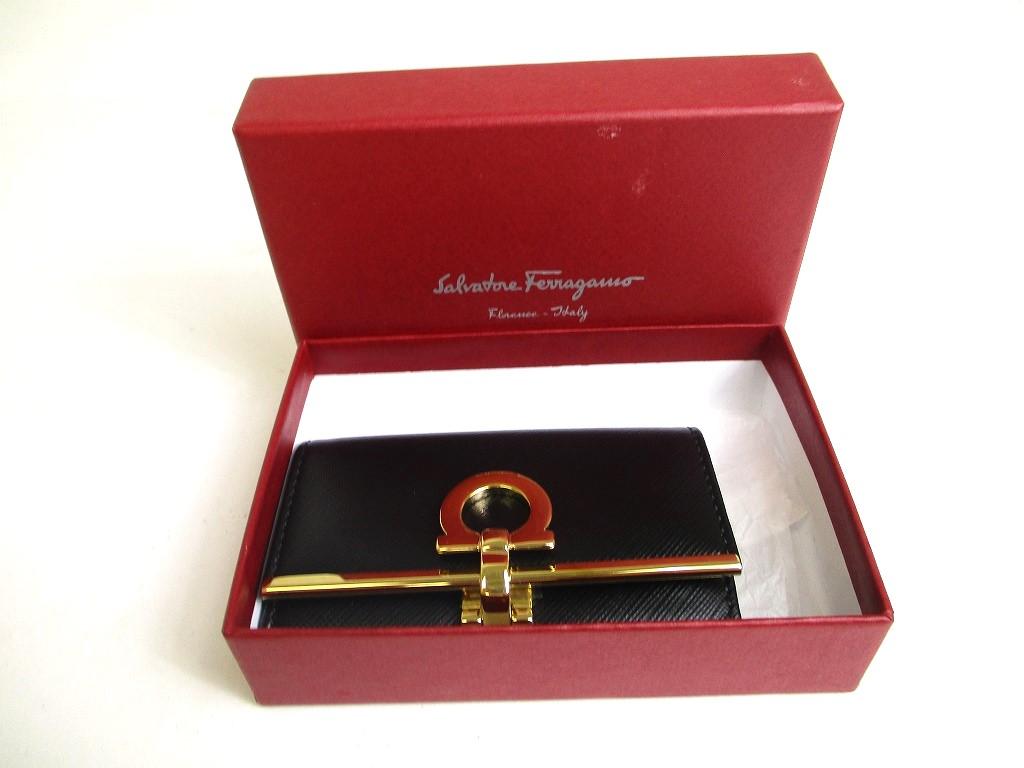 Оригинальный чехол для ключей Salvatore Ferragamo Gancini из черной кожи с золотым покрытием H/W 6Pics #a431 восстановленный