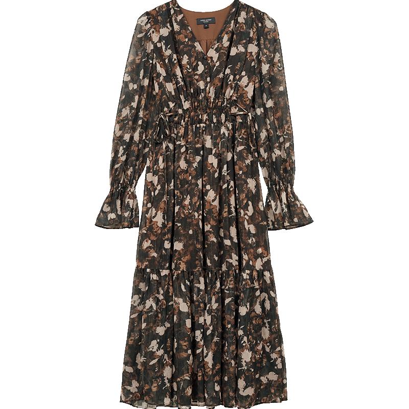 VEROMODA Autumn Shimmer Print V-Neck Ruffle Long Dress