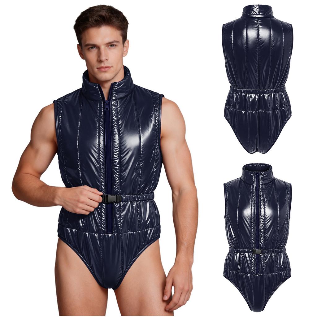 Men Water Resistant Padded Bodysuit Zipper Front Stand Collar Sleeveless Incontinence Leotard with Elastic Belt for Daily Care