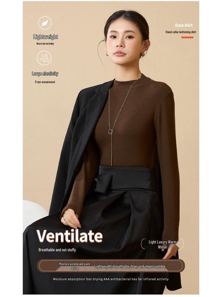 Women's Tencel Wool Acetate High Elastic Stand Collar Slim Fit Long Sleeve Base Layer Top for Autumn/Winter Warmth.