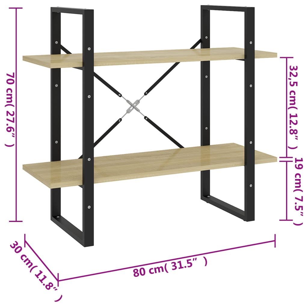 Bookshelf 2 Shelf Sonoma Oak Finish 80 x 30 x 70 cm Engineered Wood