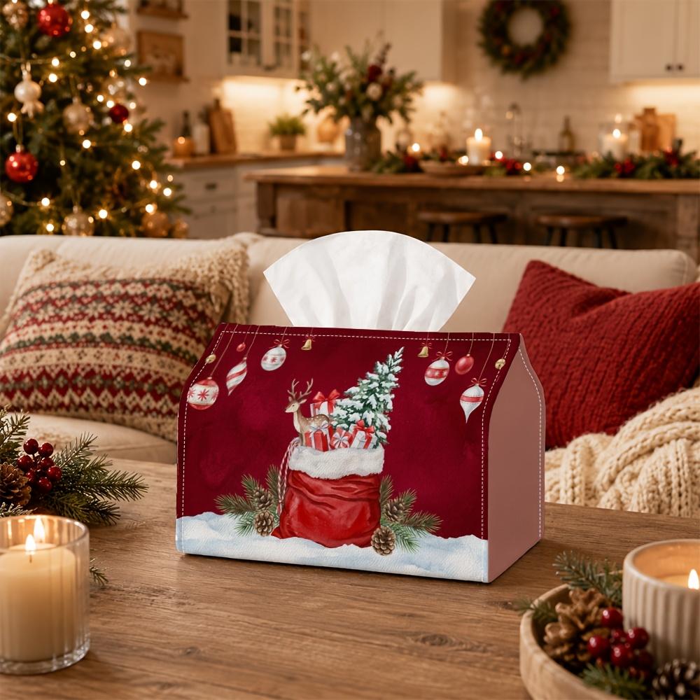 1pc Tissue Box Holder with Christmas Traditional Festive Magic Design - Gift Sack Reindeer Bauble, Durable Polyester, Ideal for Kitchen, Living Room,