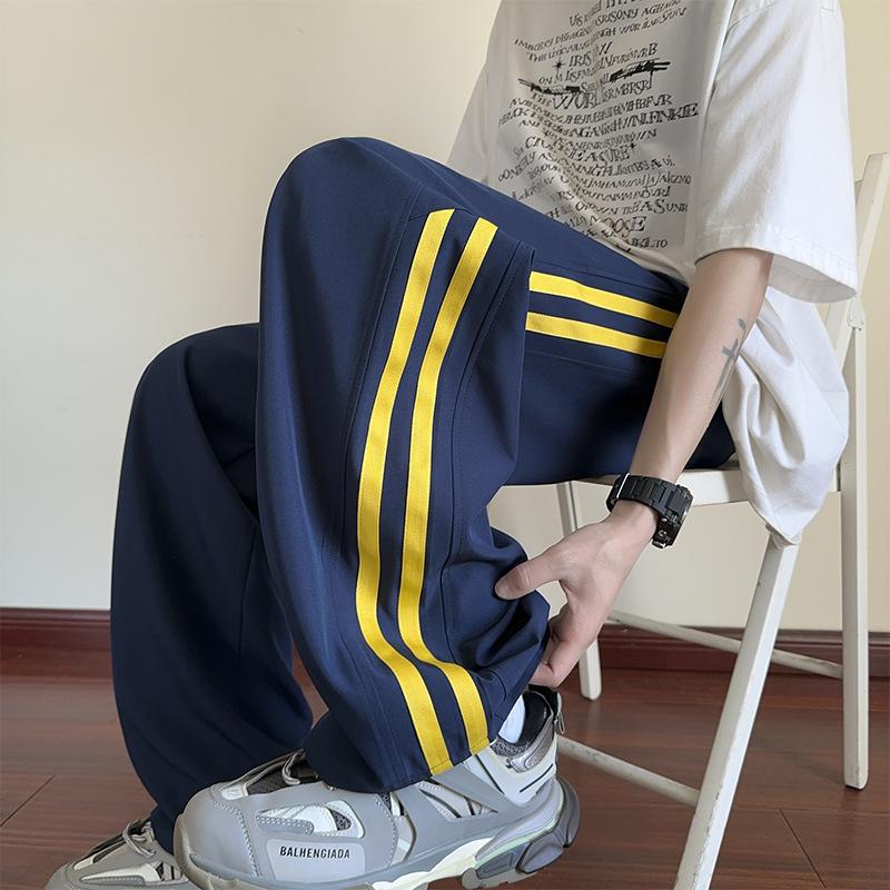 Полосатые брюки из ледяного шелка, мужские летние тонкие прохладные быстросохнущие повседневные брюки, свободные студенческие прямые брюки