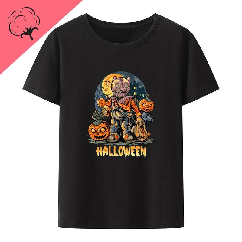 Halloween Night Spooky Poster Cotton Tees UnisexShort Sleev Creative Cartoon Graphic T Shirts Popular Aesthetics Streetwear