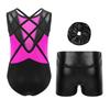 Girls Dance Performance Set Shiny Rhinestones Sleeveless Crisscross Back Leotard Metallic Shorts Headwear