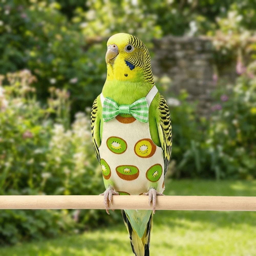 Adjustable Pet Parrot Diaper Fruit Pattern with Bowtie Bird Nappy Soft Fabric Breathable Bird Flight Suits for Cockatiel Pigeons