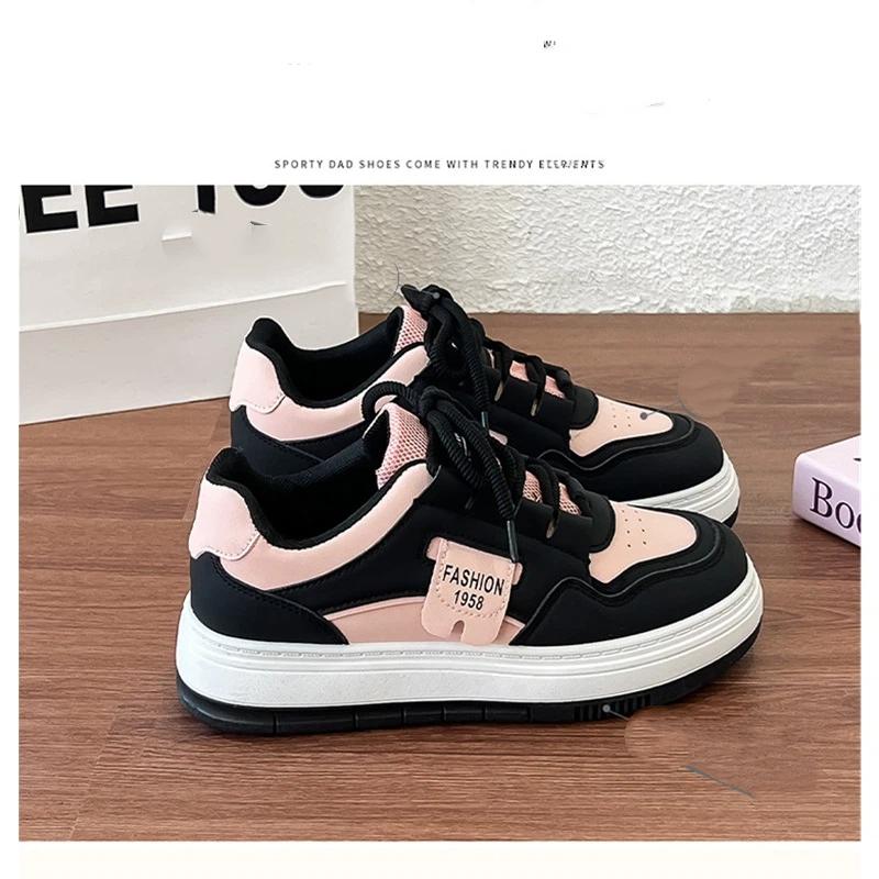 Women's Black And Pink Casual Sports Shoes With Lace Up Platform And Low Top Board Shoes