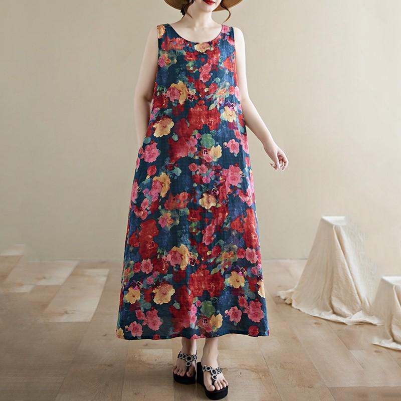 Новое хлопковое винтажное платье с цветочным принтом без рукавов больших размеров для женщин, повседневное свободное длинное летнее платье
