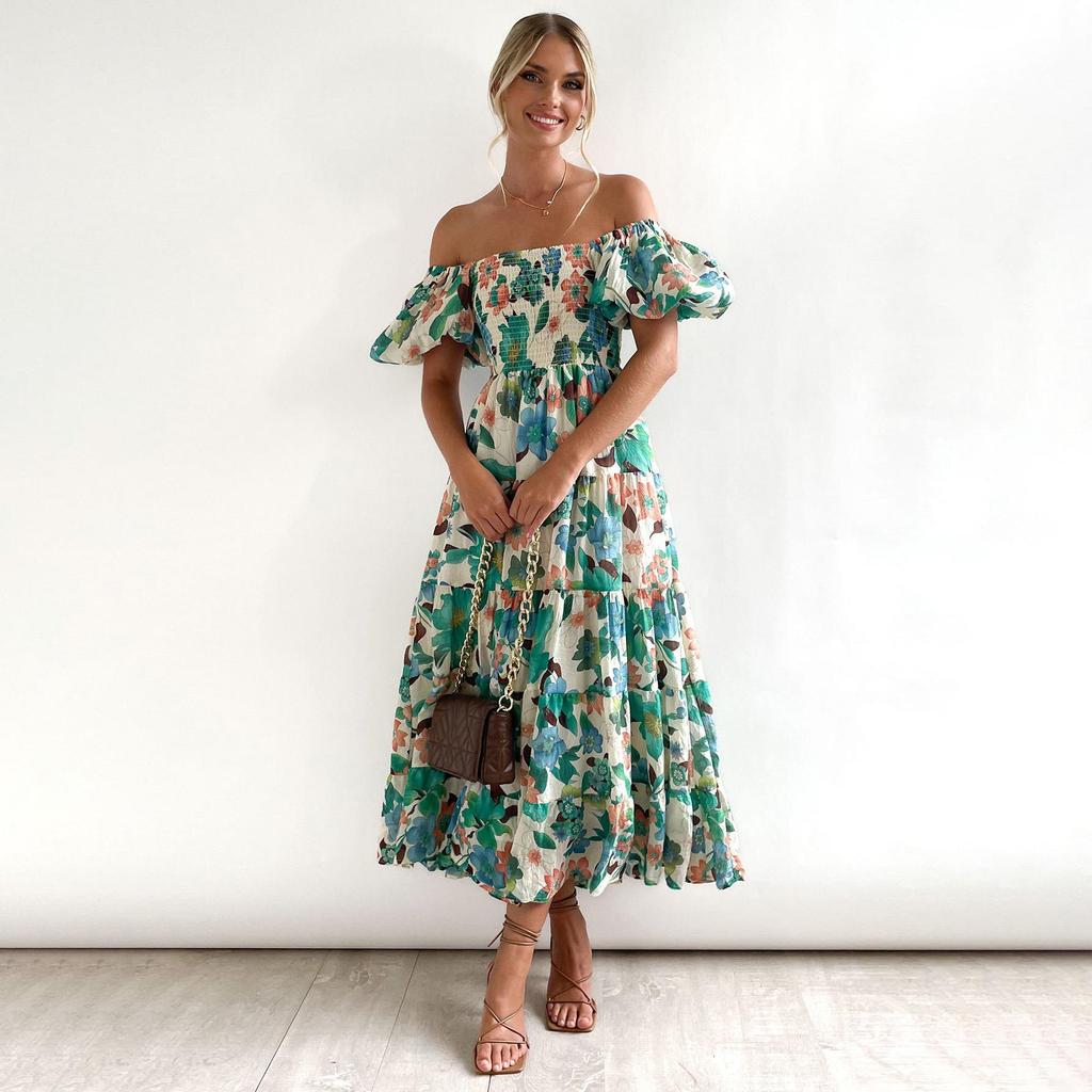 Летнее женское модное плиссированное платье без бретелек длиной до щиколотки с коротким рукавом и принтом