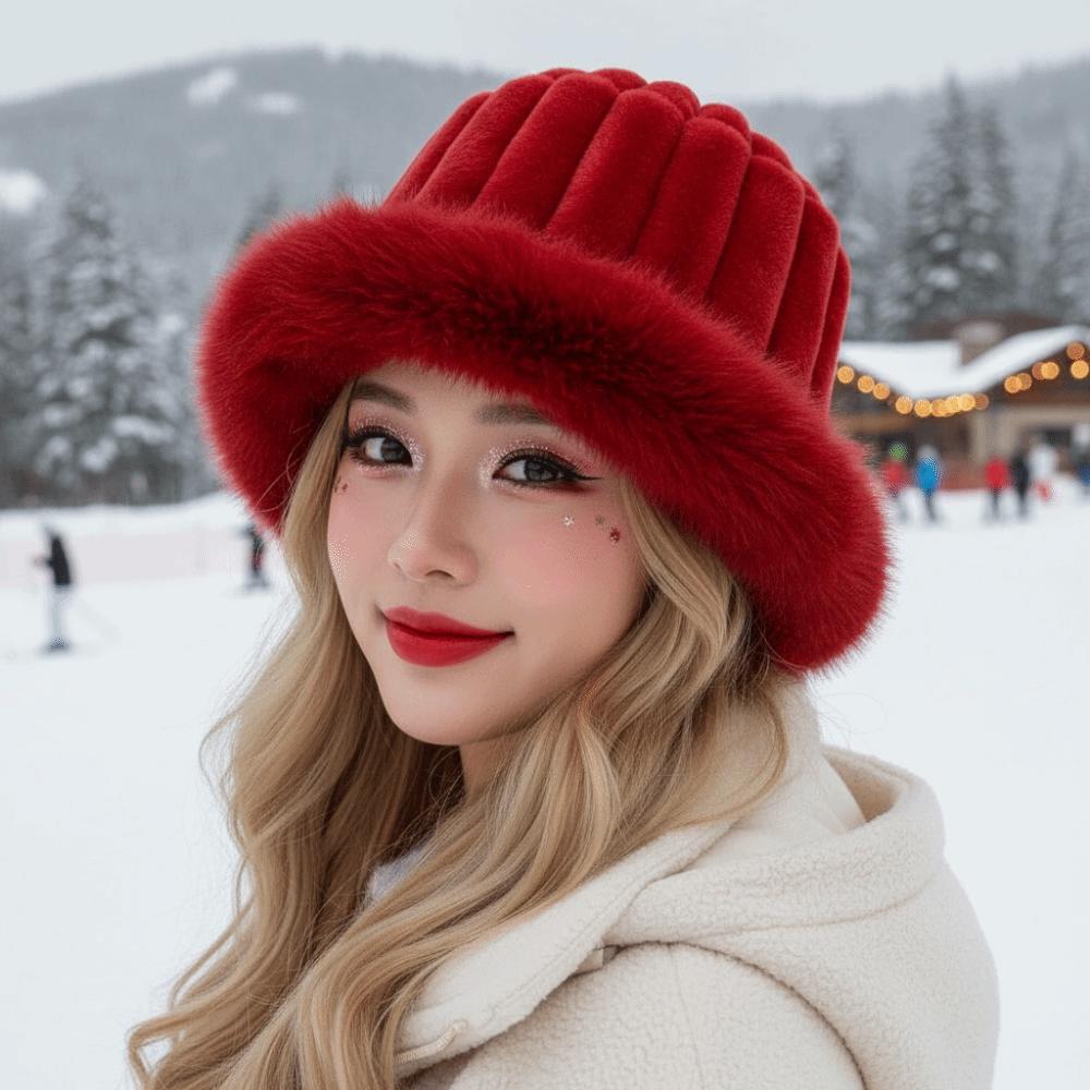 Faux Fur Brim Puffy Bucket Cap Vertical Texture Plush Trapper Hats Fluffy Winter Bonnet Students