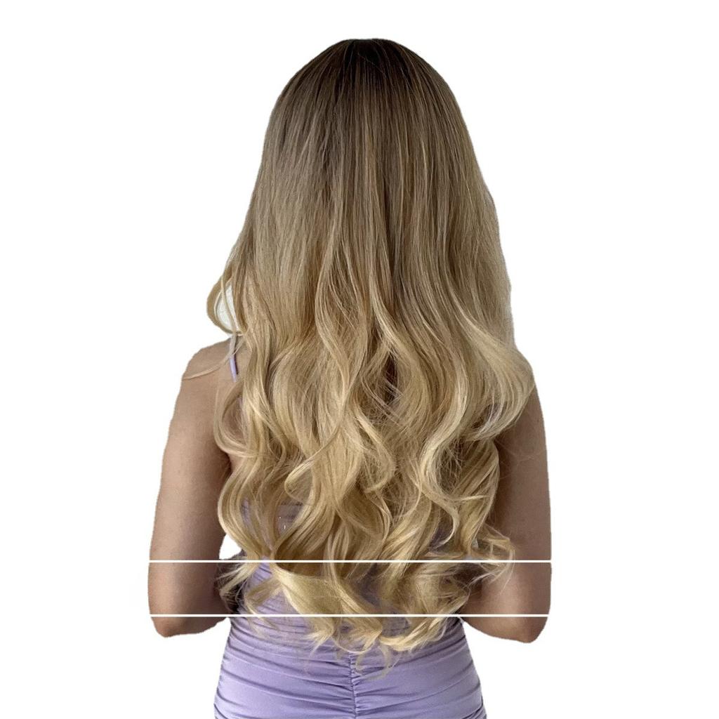 Полный головной убор черный постепенное изменение золотой челка Qi длинные вьющиеся волосы большая волна парик женский