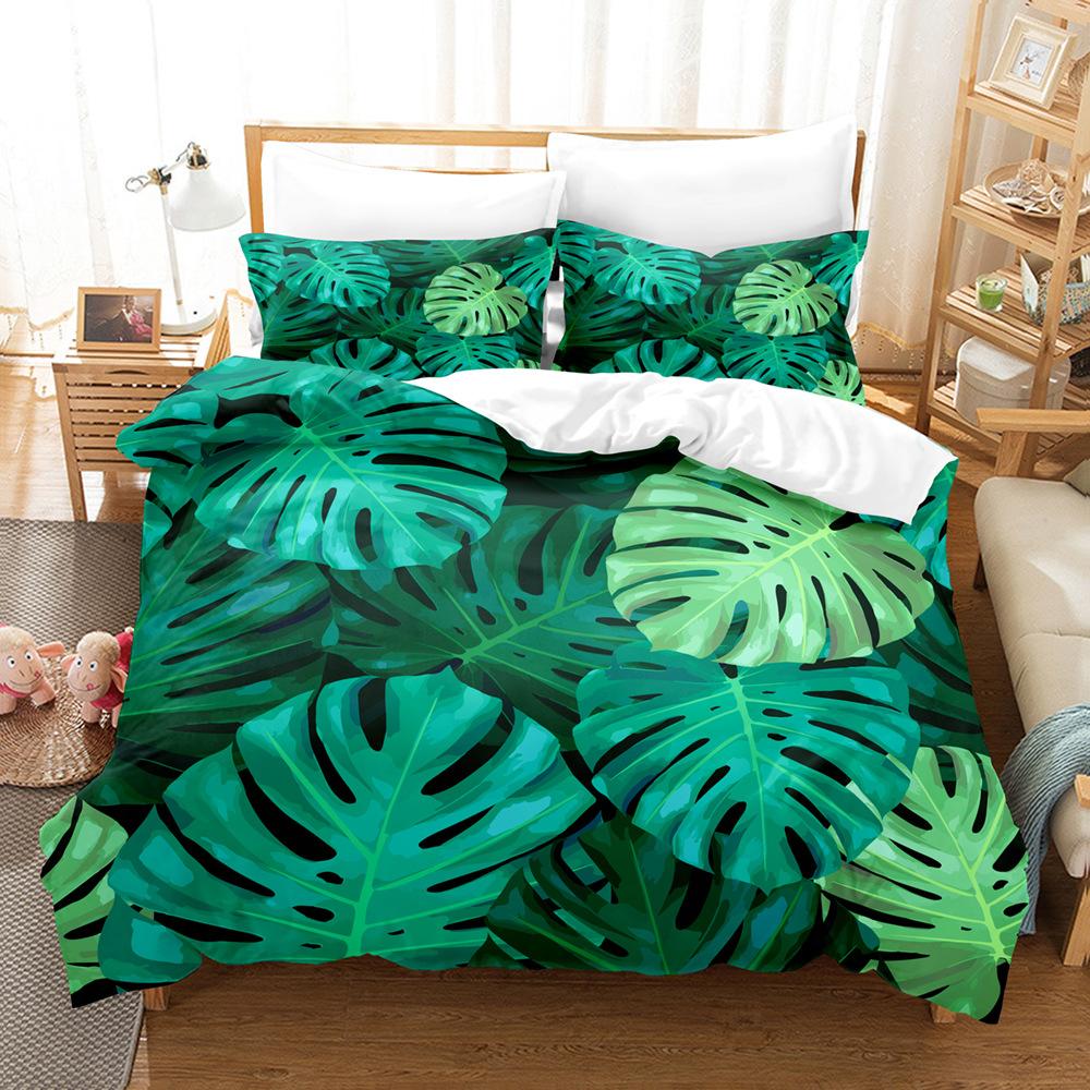 3D Digital Printing Quilt Cover Tropical Plant Green Leaf Flower Three-Piece Set Abrasive Bedding
