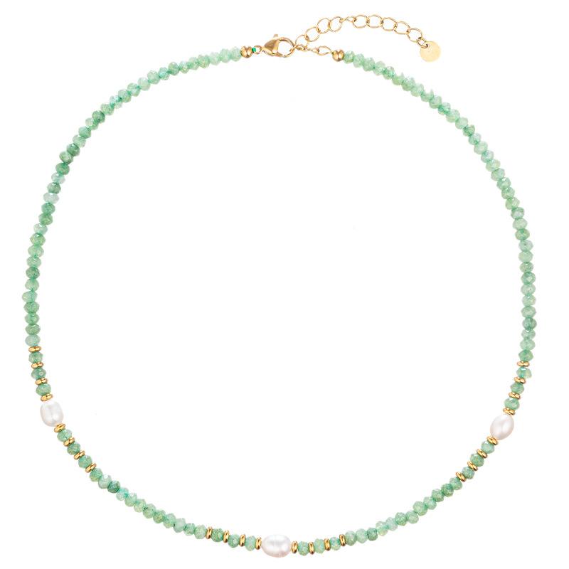 GEMCHIC Women's Natural Green Aventurine Beaded Necklace with Freshwater Pearls Ethnic Style Gold Chain Choker