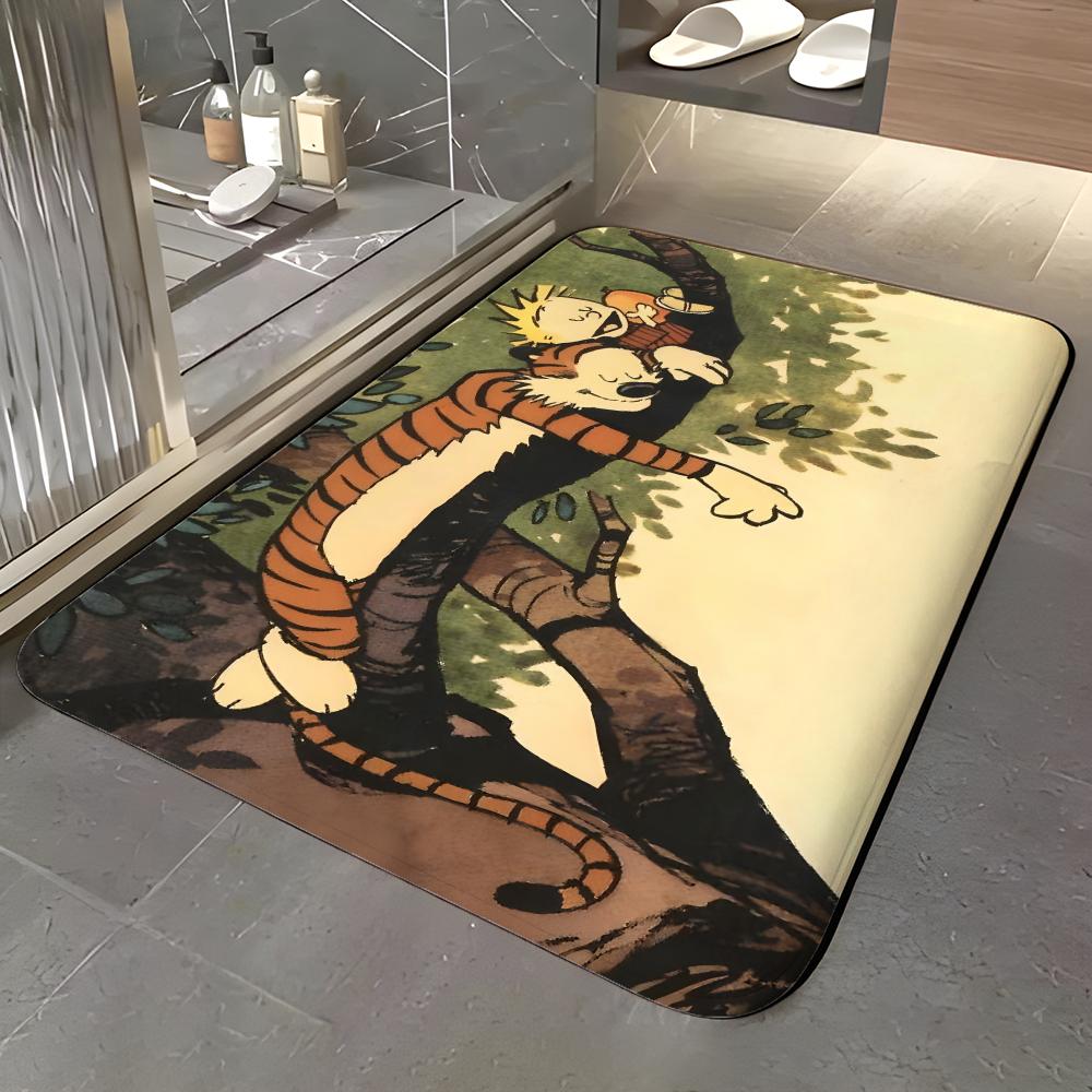 C-Calvin And Hobbes Self-adhesive Art Floor Mat Soft Flannel Entrance Door Mat Non Slip Absorbent Bathroom Bedroom Floor Rug