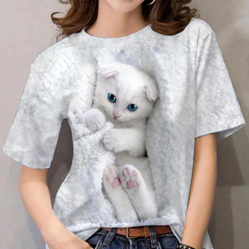Модная женская футболка с принтом 3D Kawaii Cat, футболки, топы 2022 года, новая футболка с коротким рукавом Harujuku Animal, свободная женская одежда больших размеров