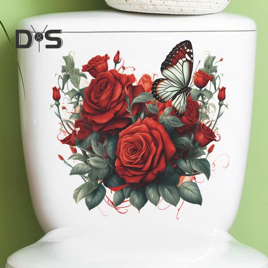 Наклейка на унитаз с бабочками и цветком розы, съемная водонепроницаемая наклейка из ПВХ для гостиной, ванной комнаты, стены искусства, цветочная крышка для унитаза, украшение на день Святого Валентина