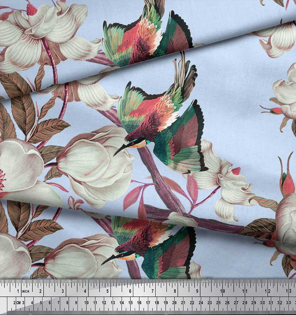 Soimoi Серая полиэфирная креповая ткань с цветочным принтом и принтом зимородка, 42 дюйма по метрам