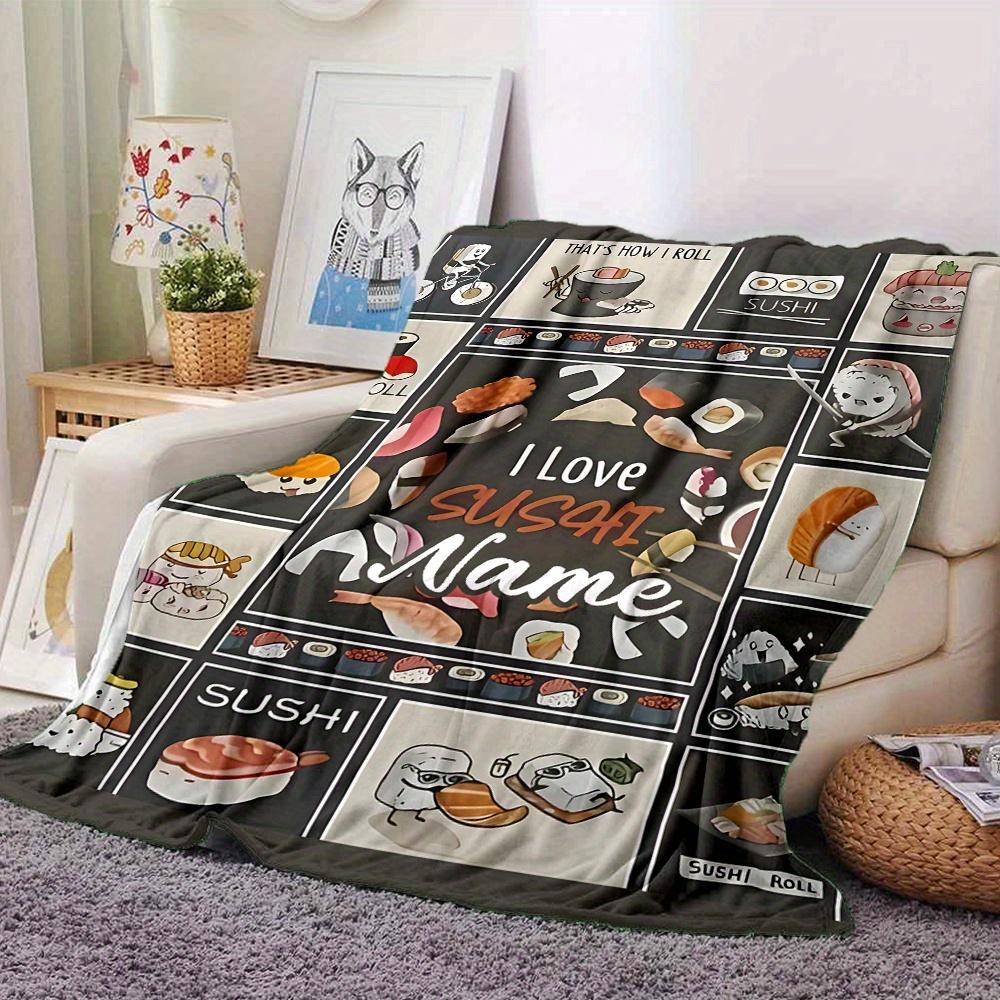 Sushi Roll Cat Bicycle Pumpkin Fish Flannel Four Seasons Blanket Customized With Your Name Lightweight And Warm Perfect Gift For Home Office Camping