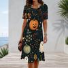 Women Plus Size Round Neck Short Sleeve A Line White Dress Halloween Dachshund Printed