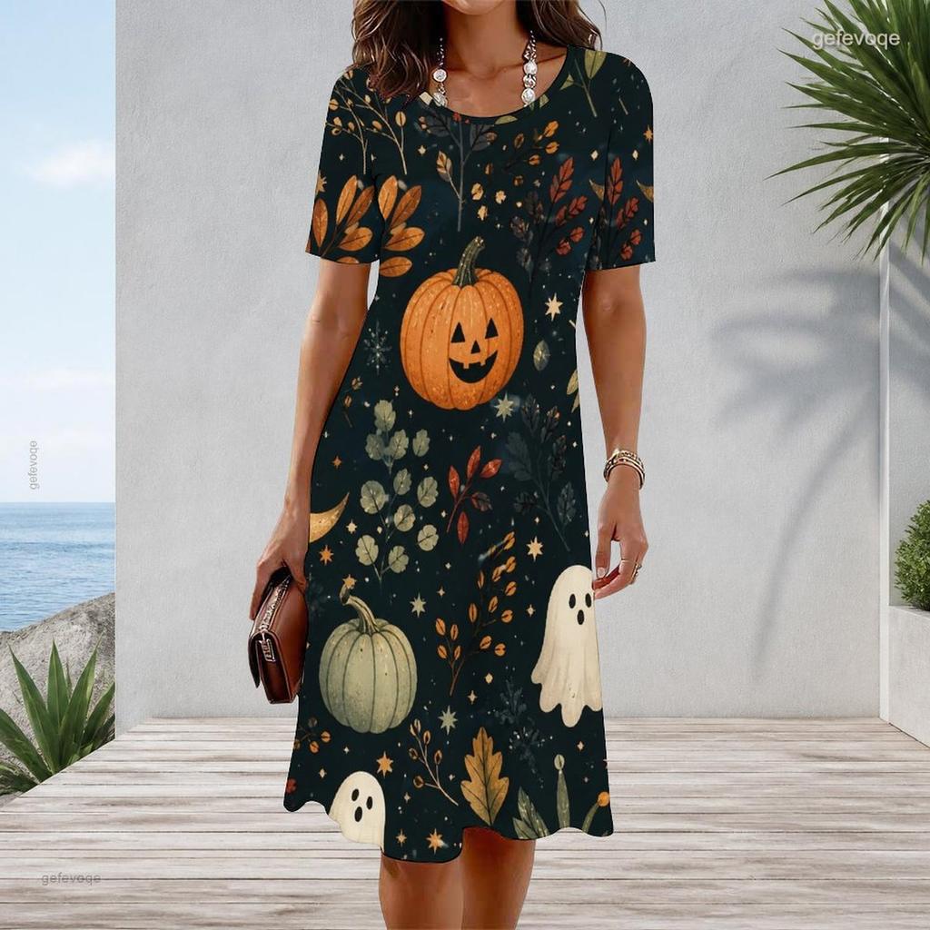 Women Plus Size Round Neck Short Sleeve A Line White Dress Halloween Dachshund Printed