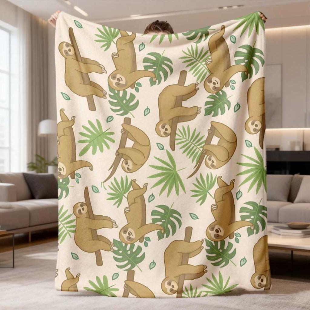 Cartoon Sloth Tropical Leaf Throw Blanket for Dorm Office Nap Bedroom Relax Birthday Anniversary Casual Gathering Gift