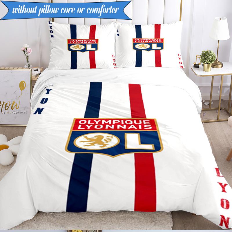 3PCS Olympique Football Crest Printed Soft Bedding Set,Including 1pc Duvet Cover And 2pcs Pillowcases Perfect for Bedroom, Dormitory, Fan gift