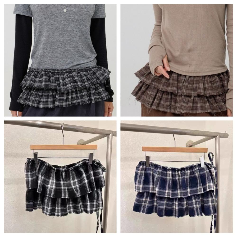 Hip-hop Layer Outfits Plaid Skirt Shirt Extender Ruffled Edge Waistband Jeans Decor