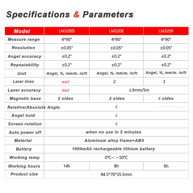 UNI-T LM320D LM320E LM320F Laser Inclinometer Digital Angle Meter with Relative Absolute Angle Measurement Magnetic Inclinometer