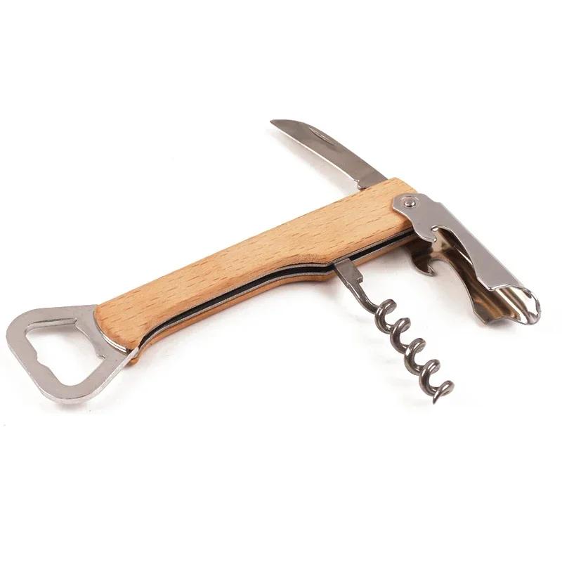 Открывалка для красного вина из нержавеющей стали, деревянная ручка с кожей, профессиональная, многофункциональная, портативная, штопор, кухонные барные инструменты
