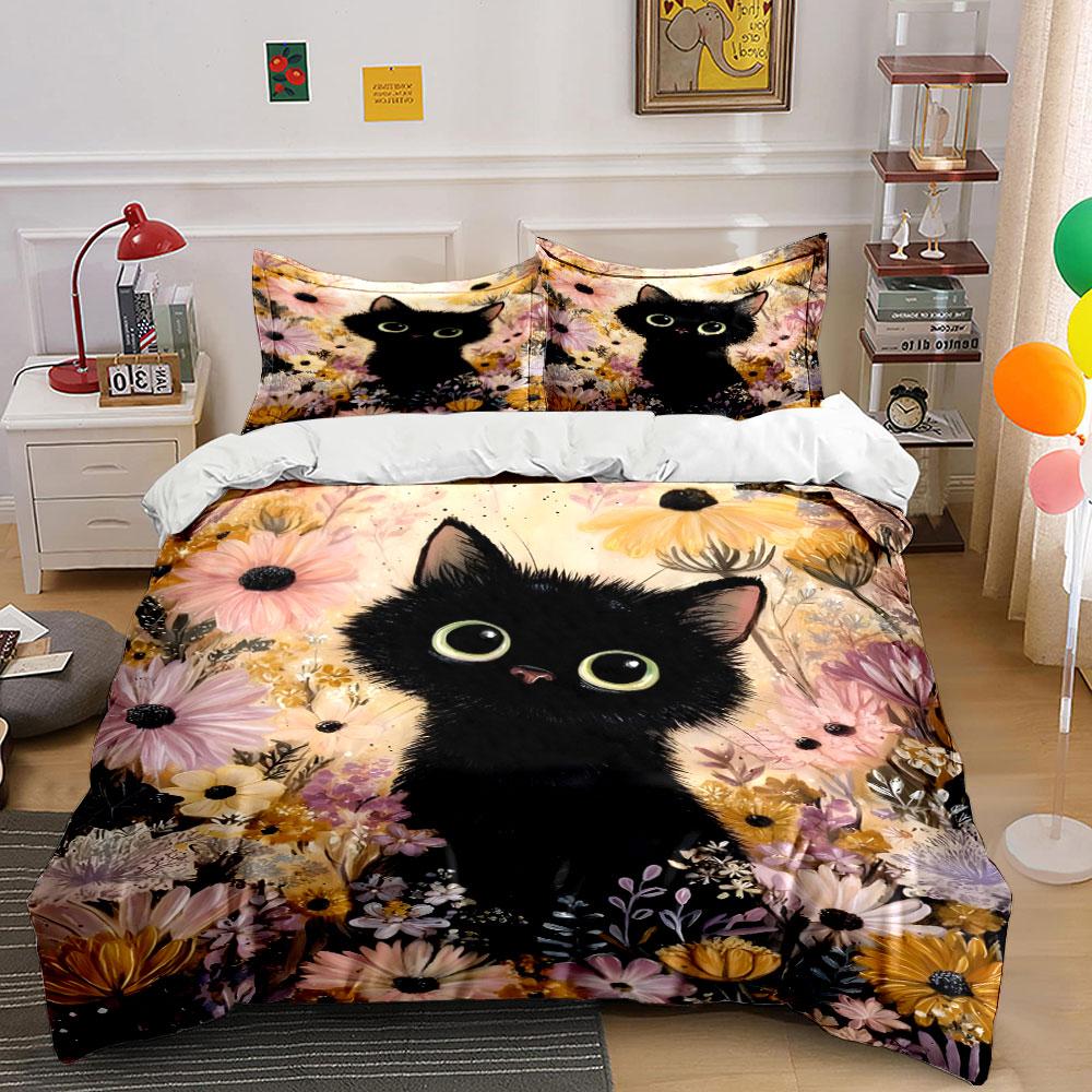 Cute black cat in flower field Print Bedding Set 1 Duvet Cover 2 Pillowcases for Adult and Children Luxury Gift Full Size