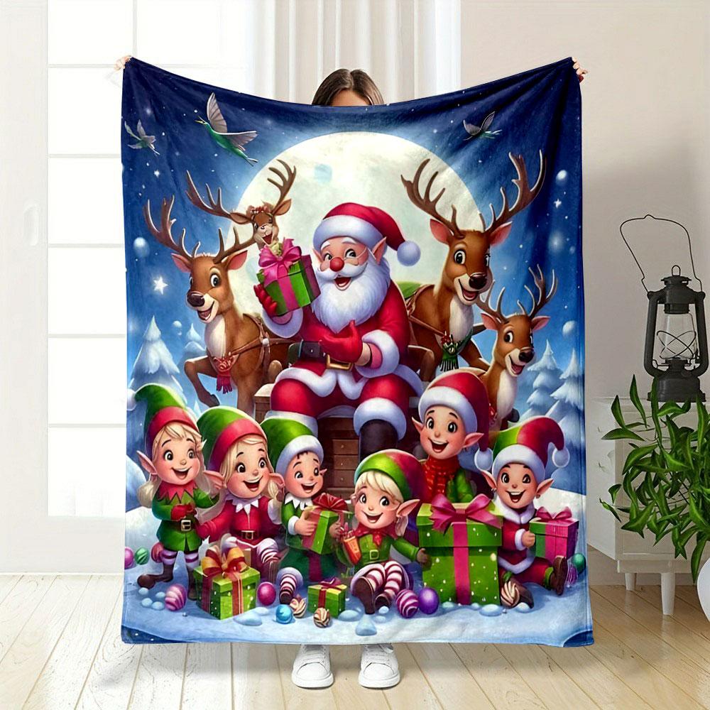 Santa and Elves with Reindeer print blanket soft and cozy perfect for the living room bed sofa or a nap,gift