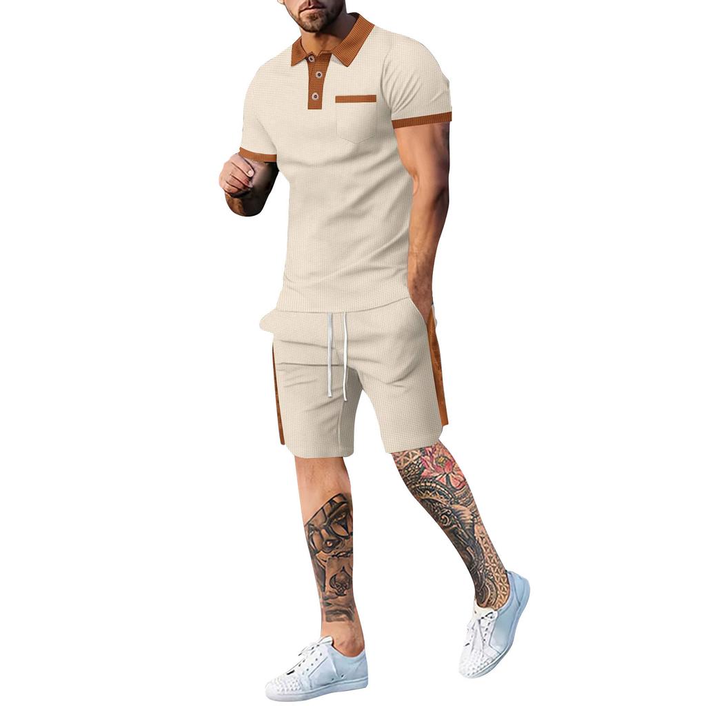 Мужские повседневные шорты с короткими рукавами и пуговицами с лацканами, комплект из двух предметов