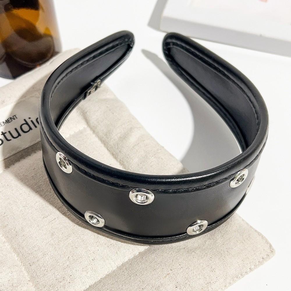 BEPAN Punk Leather band Wide Black and Red Metal Rivets wear Hair Accessory Versatile Hollow Ring Hair Hoop Urban