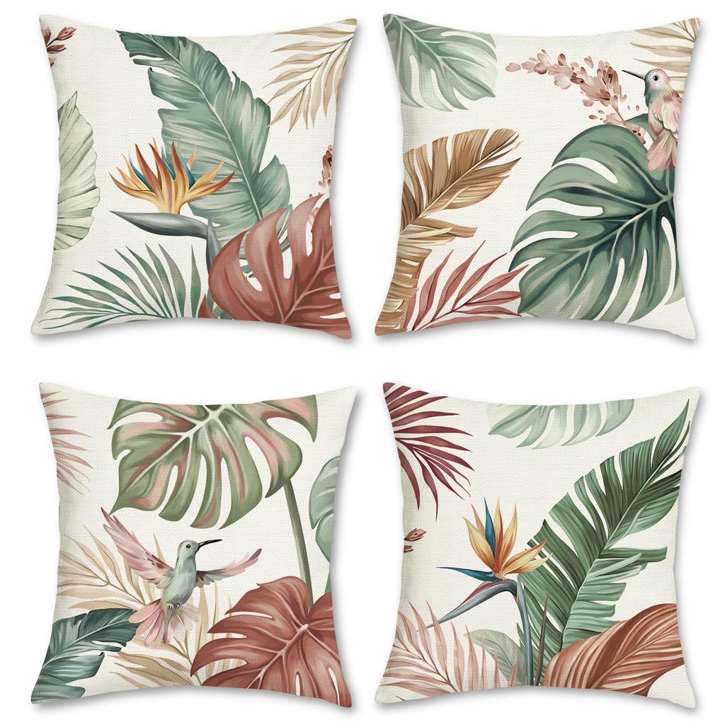 4Pcs Tropical Leaf Cushion Covers, Vibrant Green Monstera & Palm Print Pillow Cases For Sofa Bedroom Living Room 45X45Cm
