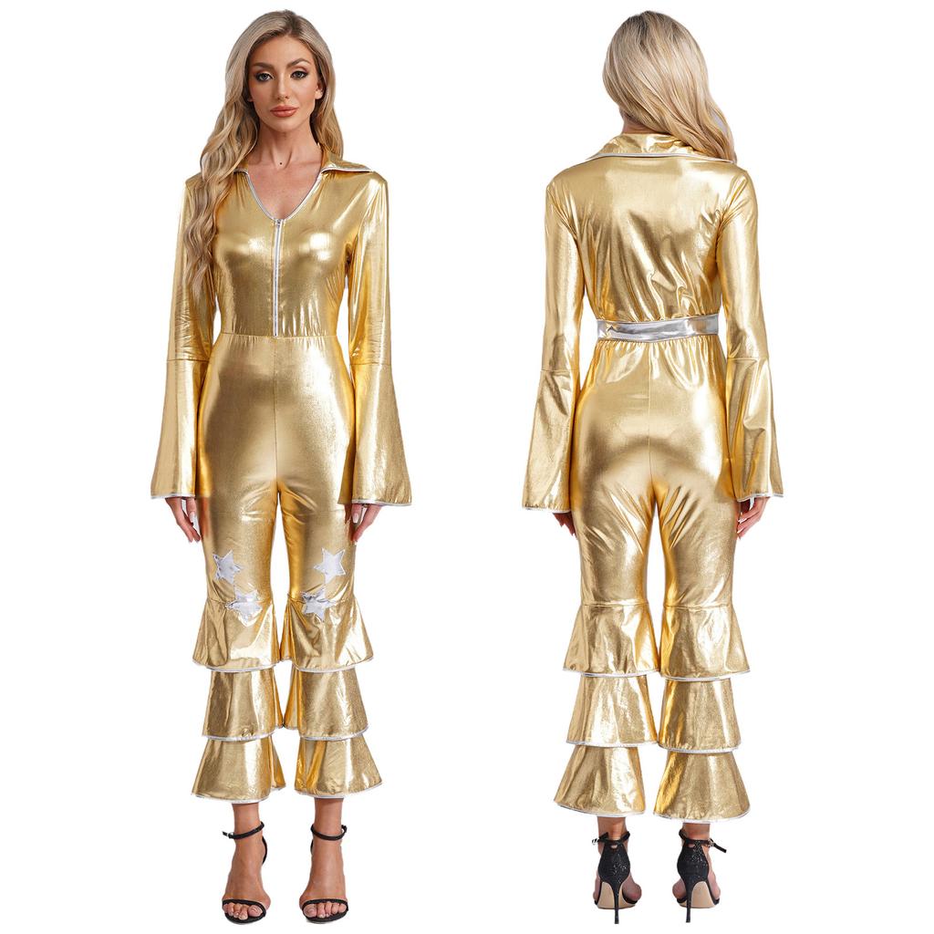 Women Flared Jumpsuit Bar Nightclub Disco Costume Sparkle Retro Cosplay Prom Party Costume 70s 80s Disco Outfit One Piece